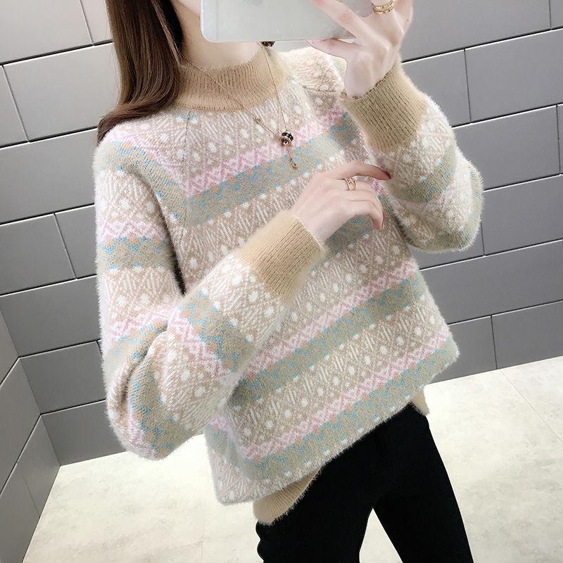 Color Thick Striped Sweater Autumn and Winter Loose Pullover Half High Neck Knitted Young Women's Top