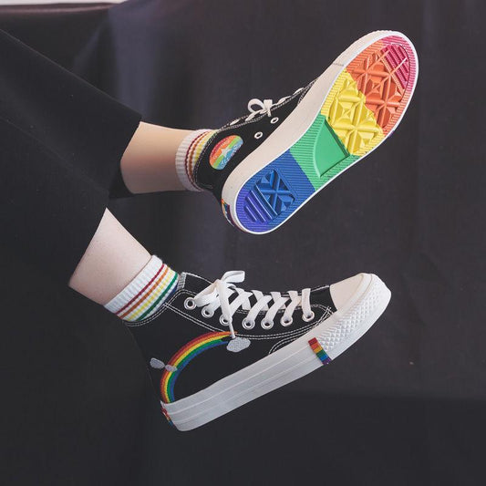 Women's Fashion  Vulcanized Shoes Woman Sneakers New Rainbow Retro Canvas Shoes Flat Fashion Comfortable High Shoes Women