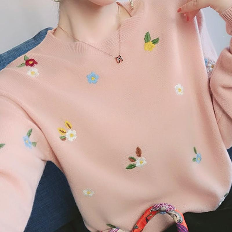 Flower Embroidery Autumn  Winter Clothes Base Knitting Inner  Outer Sweater Round Neck PulloverLong Sleeve Women