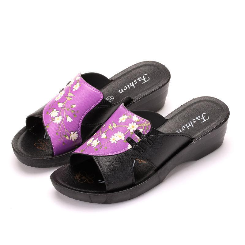 Middle-aged Elderly Mother Sandals and Slippers Thick-soled Slope-heeled Ladies Mid-heel Non-slip Comfortable Outer Wear Soft-soled Increased Sandals