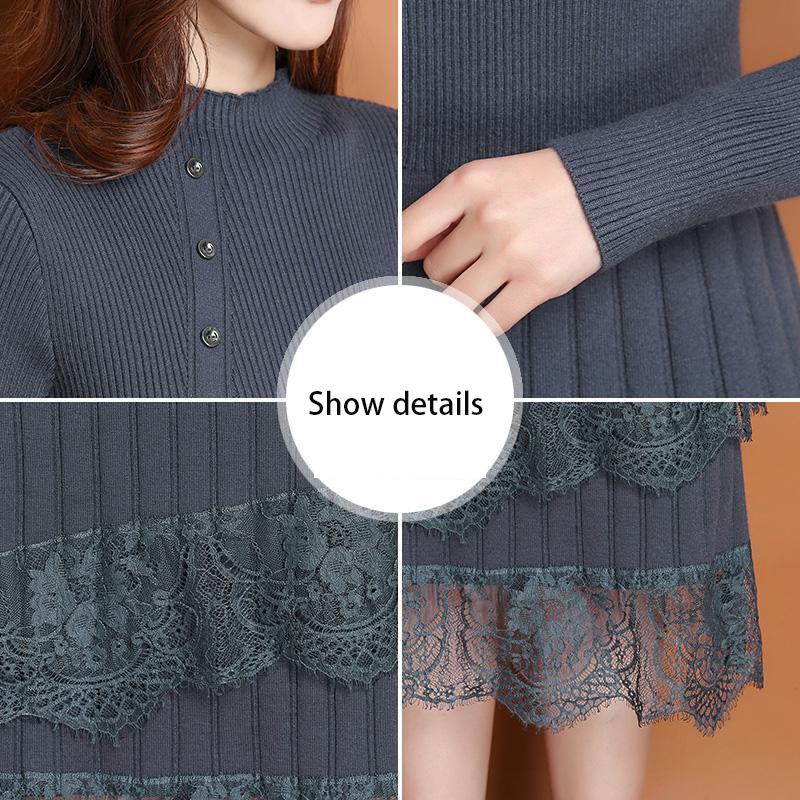 Women's Bottoming Dress In Spring and Autumn Mid-length Over The Knee Lace Knit Slimming Slimming Sweater Skirt Soft Fabric