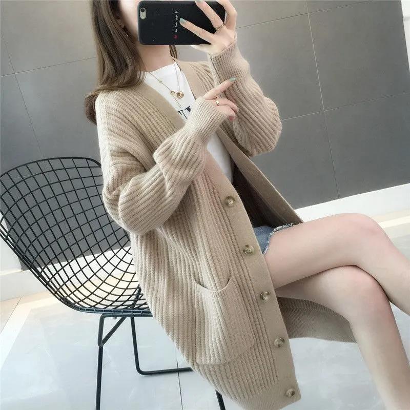 Knitted Cardigan Mid-length Loose Sweater Coat Women's Spring and Autumn Thickened Coat