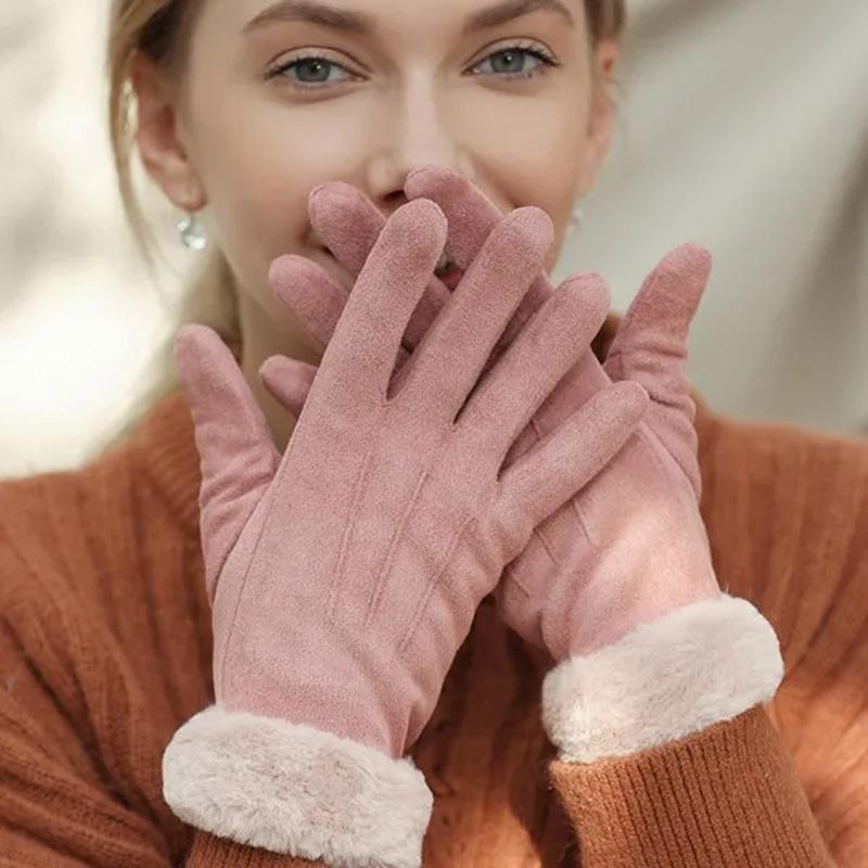 Women's Winter Gloves Korean Cute Plus Velvet Thick Warm Mittens Biking Suede Full Finger Touch Screen Gloves Inner Velvet Warm Gloves