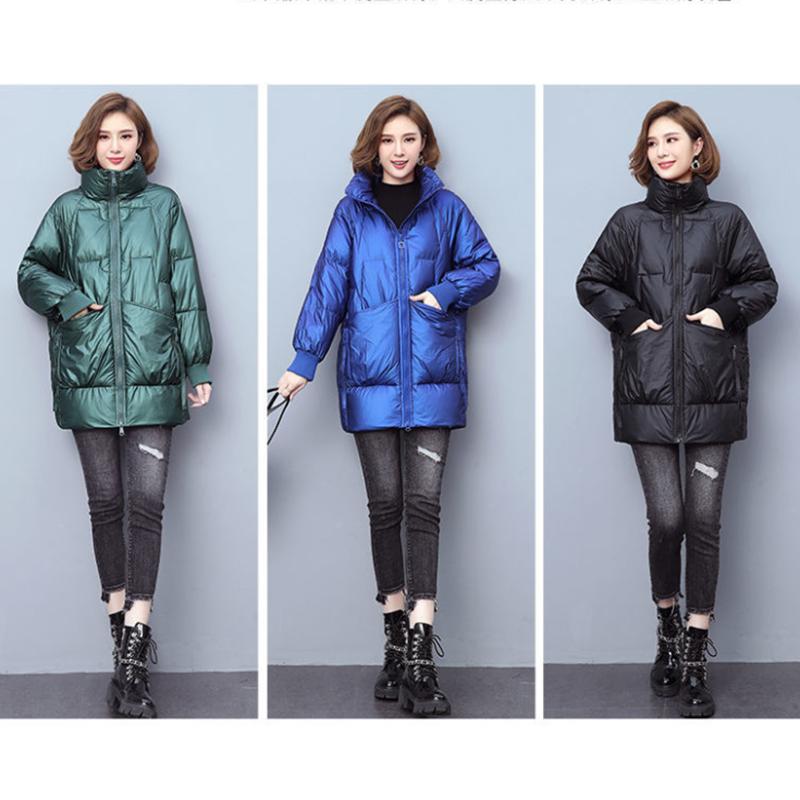 Women's Shiny Mid-length Down Jacket Winter Korean Style Loose Coat Warm Stand-collar Down Jacket