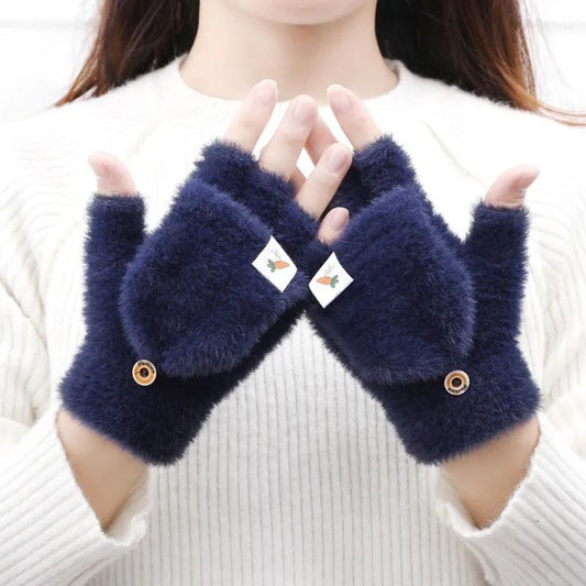 Plush Gloves Female Autumn and Winter Leaky Finger Warm Gloves Thick Clamshell Imitation Mink Nylon Half-finger Gloves