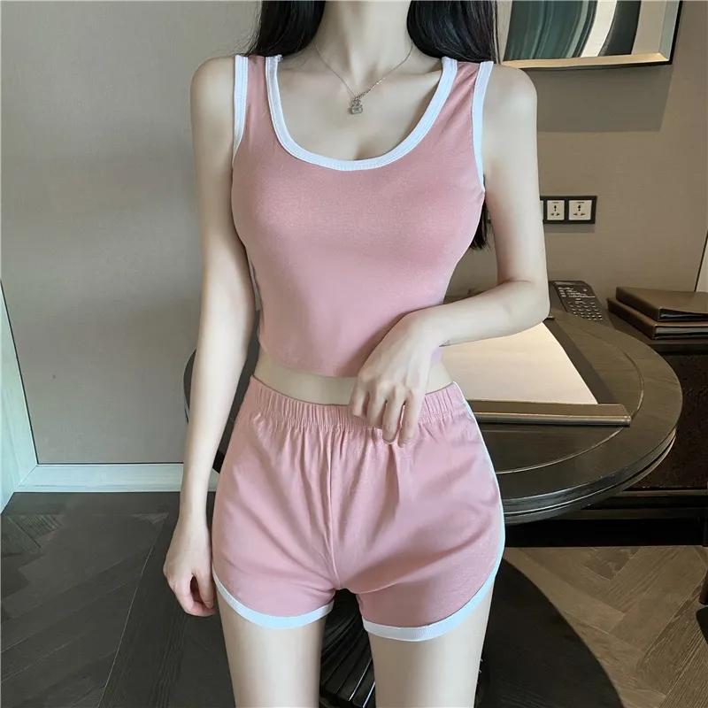 2PCS Summer Camisole Short-sleeved Shorts Two-piece Sports Yoga Suit Women's All-match Outer Wear Bottoming Slim Homewear Suit Athletic Girls Sets