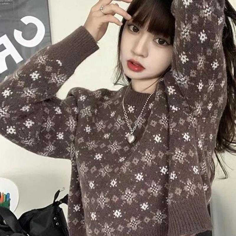 Women Autumn Fashion Sweater Casual Knitting Sweater Print Round Neck Pullovers Loose Casual Long Sleeve Sweater