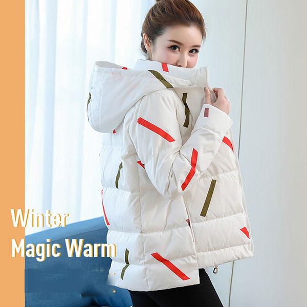 Women Winter Hooded  Jacket Short Cotton Padded Ladies Plus Size  Coat Print Thicken Warm  Parka Stand Collar