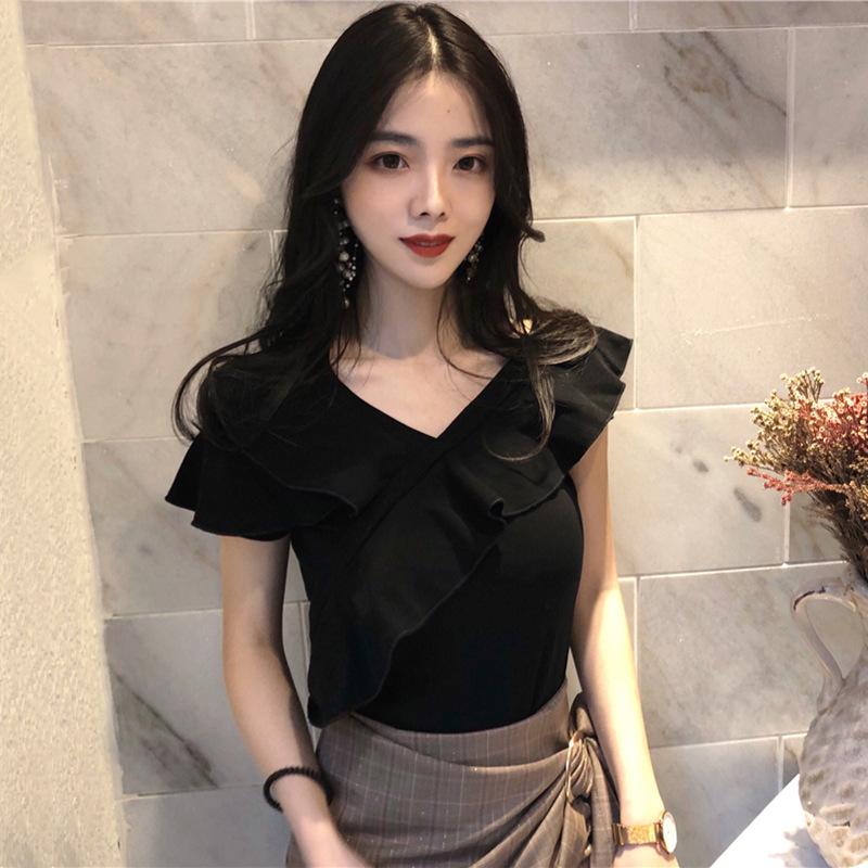 V-neck Top T-shirt Ruffled Comfortable Shirt Summer Korean Version Off Shoulder All-match Short-sleeved Tops Slim Thin Tops Women's Clothing