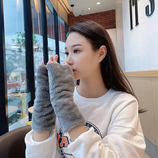 Women's Winter Plush Gloves Cute Fingerless Wristband Korean Thickening Warm Typing Arm Wrap Half Finger Mittens Hand Wrist Warm Thermal Gloves