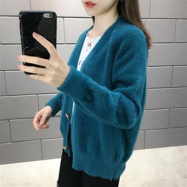 Autumn and Winter Mohair Knitted Jacket Cardigan Simple Casual Sweater Loose Long-sleeved Women's Top