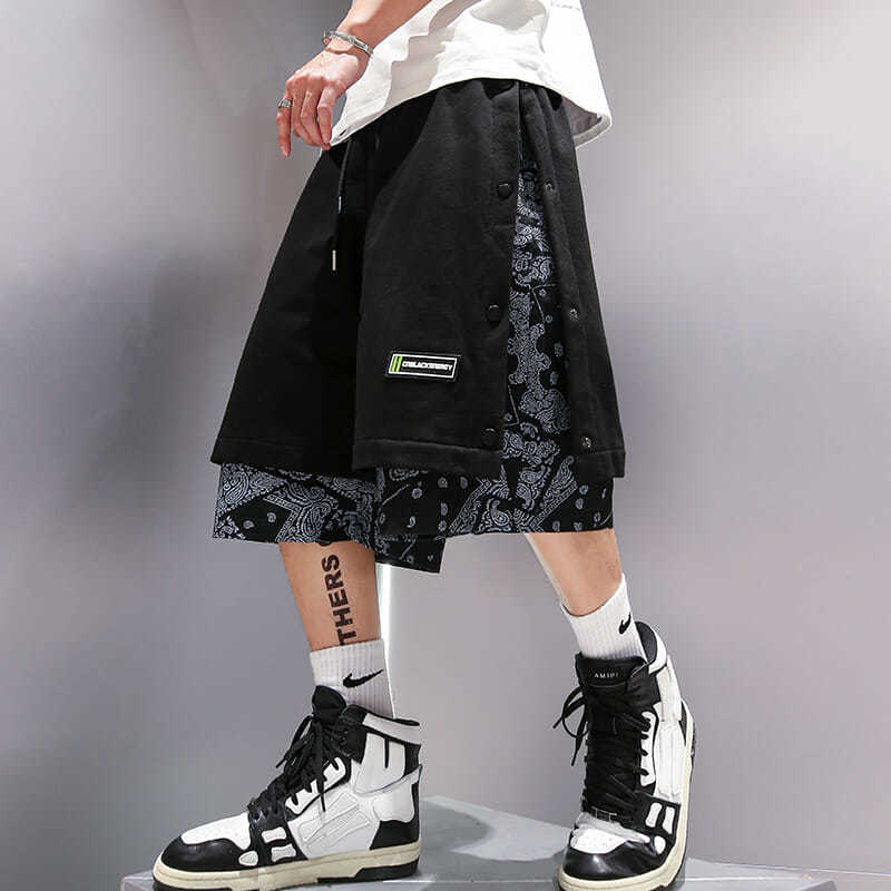 Breasted Shorts Male Hip-hop Cashew Flower Stitching Loose Tide Brand Trend Fake Two-piece Casual Five-point Pants