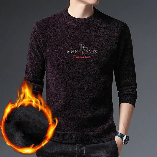 Men's Round Neck Sweater Autumn and Winter Plus Velvet Pullover Sweater Warm Bottoming Shirt Suitable for Middle-aged People