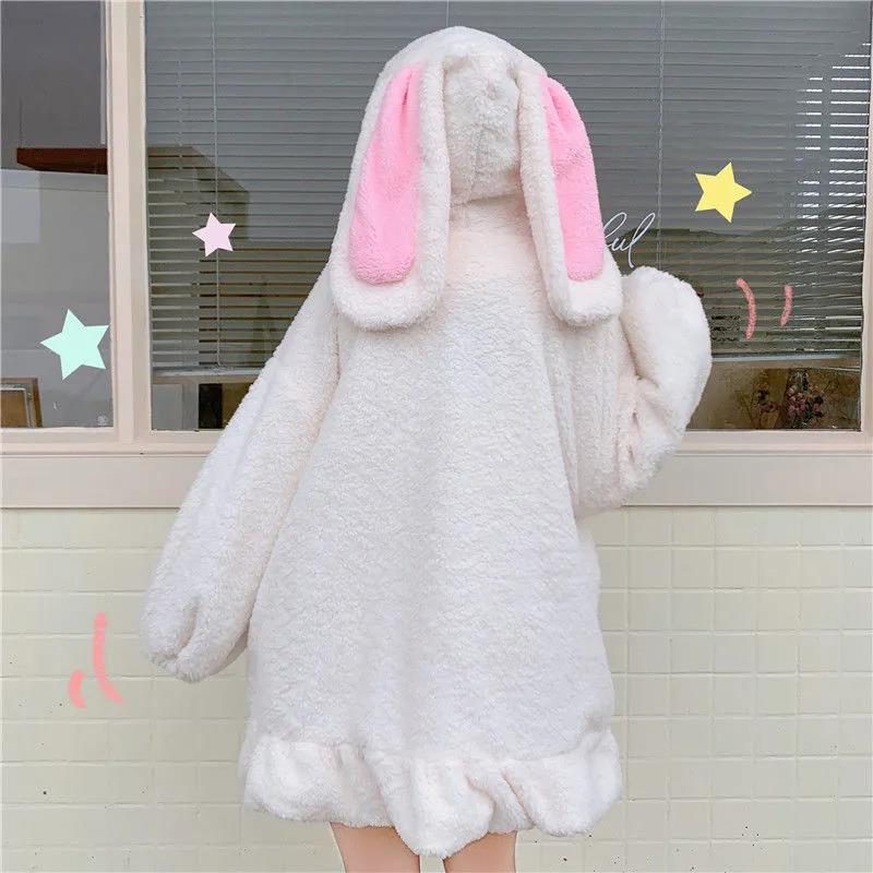 Rabbit Ears Hoodies Women Zip-up Sweatshirts Coat Long Lantern Sleeve Hooded Lolita Cute Sweet Girls Harajuku Warm Baggy for Her