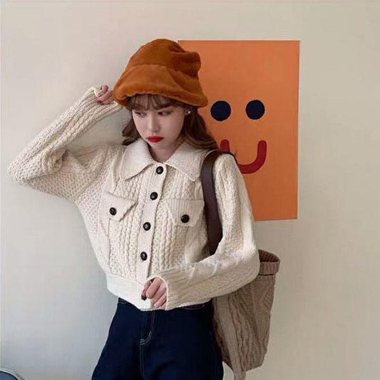 Twist Sweater Short Jacket Women Spring and Autumn Retro Hong Kong Style Jacket Loose Wild College Style Sweater Cardigan