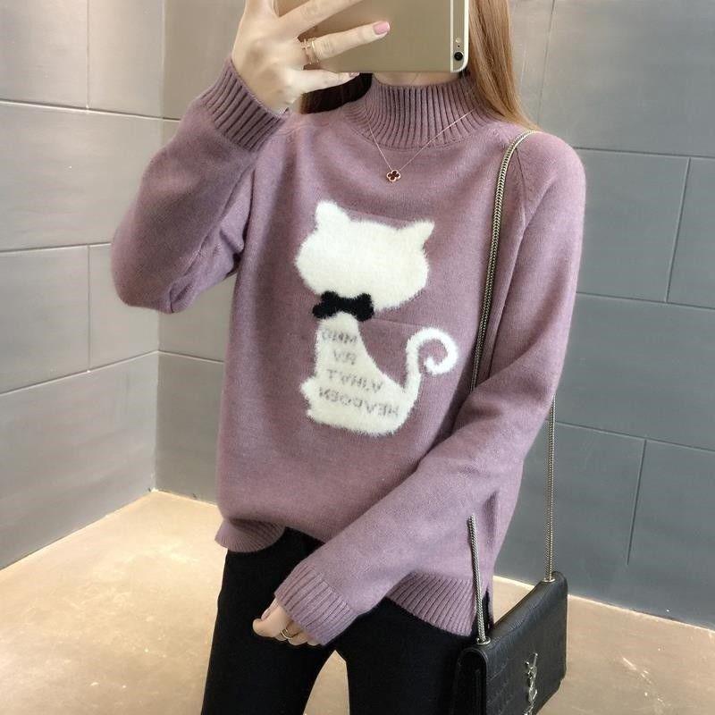 Autumn and Winter Thick Sweater Fashion Loose Knit Top Half High Collar Youth Female Jacket