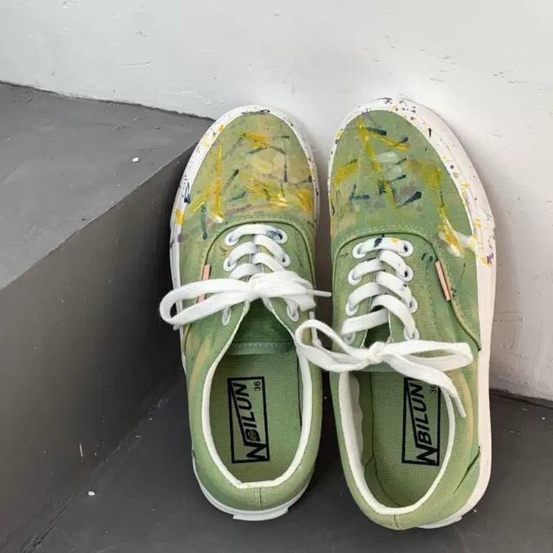 Early Autumn Drag Girl Sneakers Niche Design Original Washable Green Splash Ink Low-top Casual Canvas Shoes