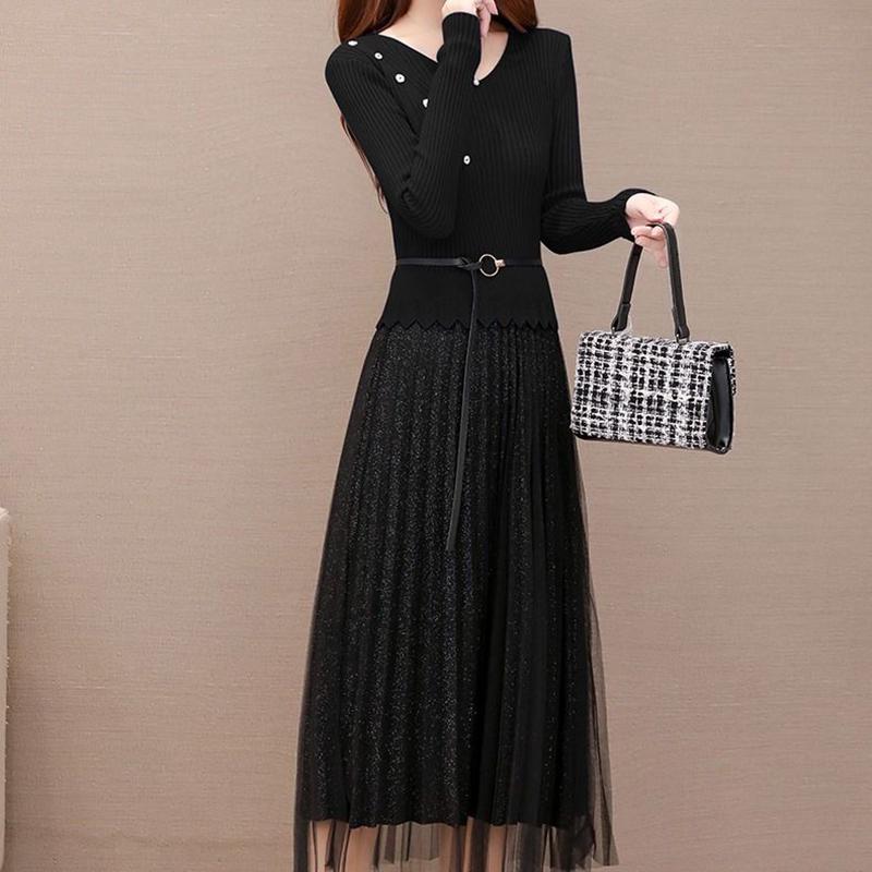 Knitted Women's Dress Fashion Korean Style Wild Mid-length Mesh Stitching Base Skirt