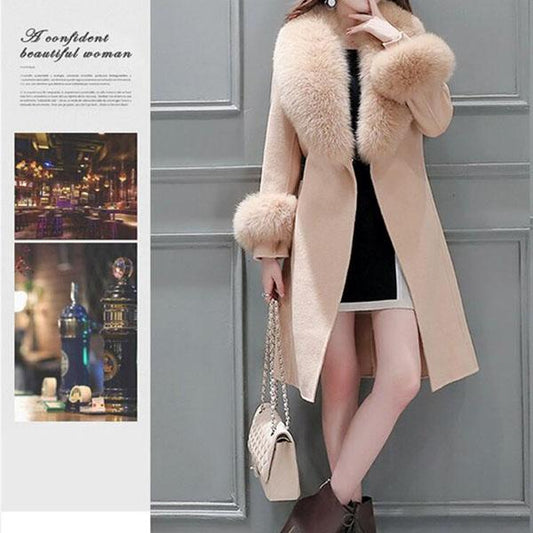 Winter Warm Women Artificial Woolen Coat Long Slim-fit Overcoat Warm and Elegant Trench Coat with Detachable Fur Collar