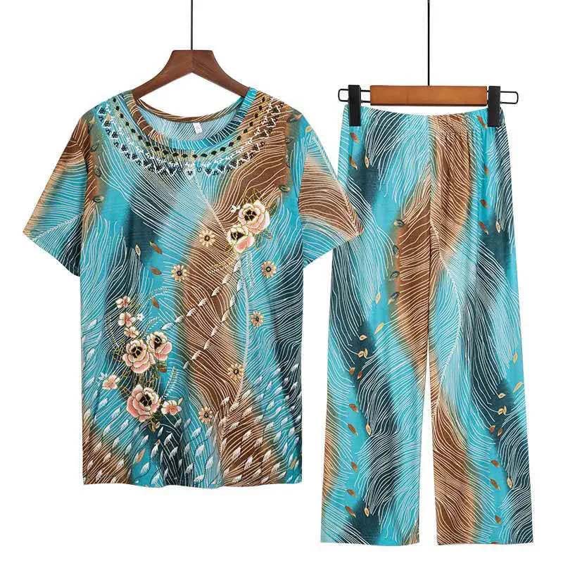 Ladies Imitation Ice Silk Suit Summer Short Sleeve Pants Top Two Piece Set Casual Loose Homewear Outer Wear Suit Retro Floral Print T-Shirt Trousers