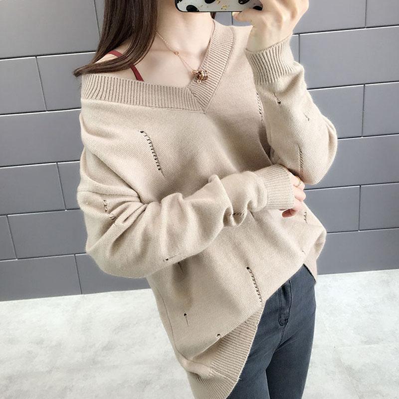 Spring and Autumn Loose V-neck Sweater Solid Color Hollow Top Long Sleeve All-match Female Top