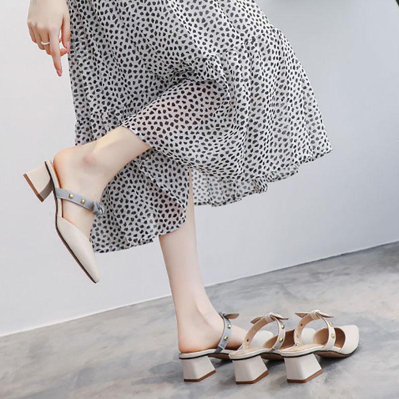 Half Slippers Female Spring All-match Thick-heeled Mid-heel Fairies Wear Small-heeled Skirt Sandals