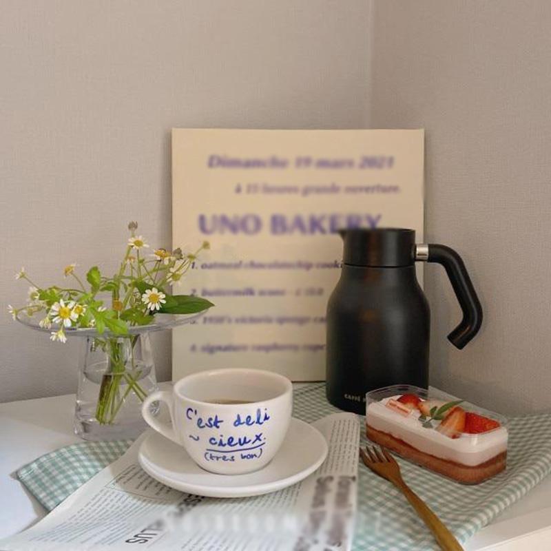 Korean Style Niche Coffee Shop Simple Blue Letter Ceramic Mug and Saucer Set French Retro Romantic Coffee Cup Milk Cup