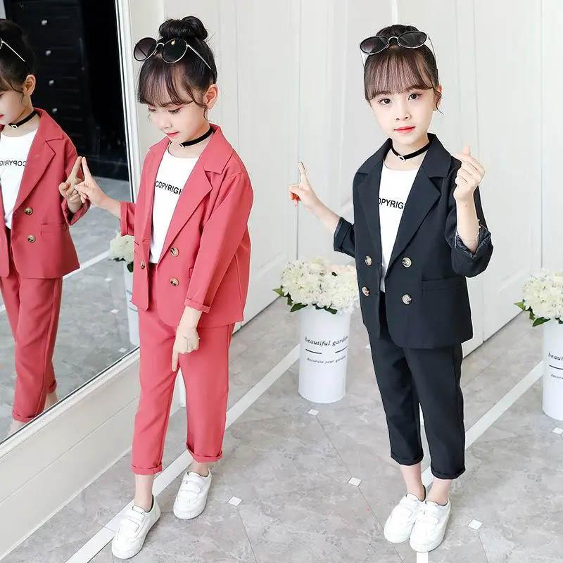 Girls Suit Two-piece Korean Version Spring and Autumn Long-sleeved Jacket Nine-point Pants Solid Color Suit Jacket Trousers Two-piece Set