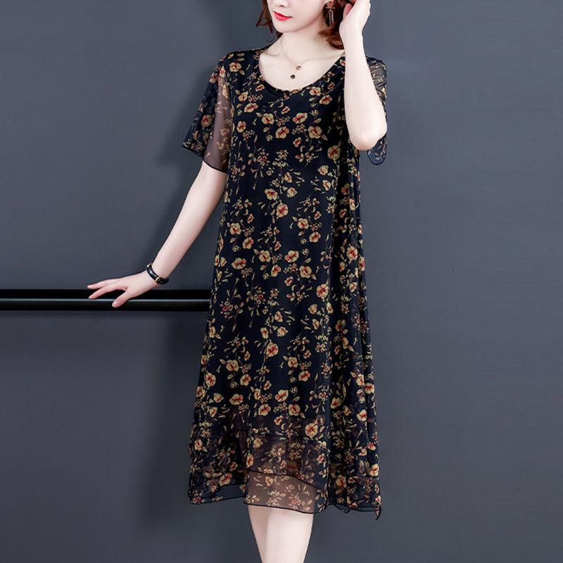 Large Size Short-sleeved Dress Women Summer Mid-length Round Neck Print Small Floral Comfort and Cool