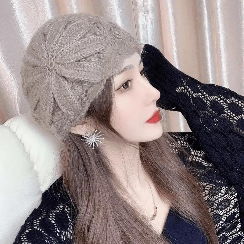 Knitted Hat Woman Autumn and Winter Wild Handmade Flower Warm Sweater Hat Bag Head Month Cap