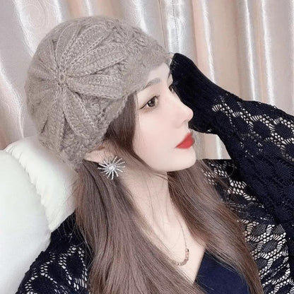 Knitted Hat Woman Autumn and Winter Wild Handmade Flower Warm Sweater Hat Bag Head Month Cap