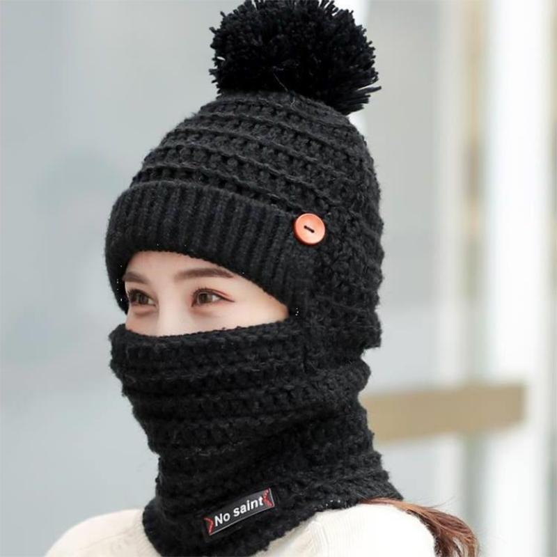 Women's Winter All-match Hats Plus Velvet Thickened Cold Proof Warm Cycling Windproof Woolen Hat with Scarf Cap Set Fur Ball Knitted Hat Bib Mask