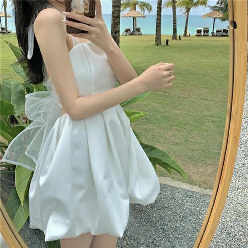 Bowknot Halter Sling Dress Summer New Open Back Waist Small Flower Bud Short Skirt Women