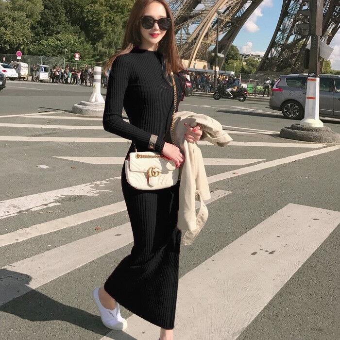 Autumn and Winter Fashion Super Long Women's Sweater Dress Over-the-knee Base Knitted Long V-neck Slim Dress