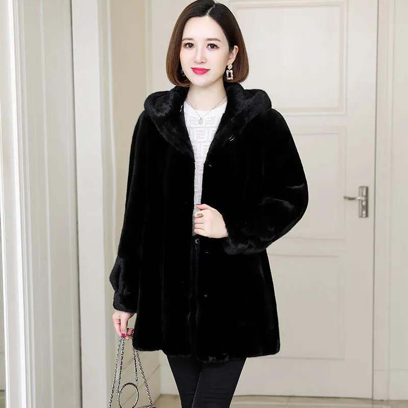 Imitated Mink Velvet Coat Women's Mid-length Autumn and Winter Haining Mink Coat Thickened Large Size Fur Coat Was Thin