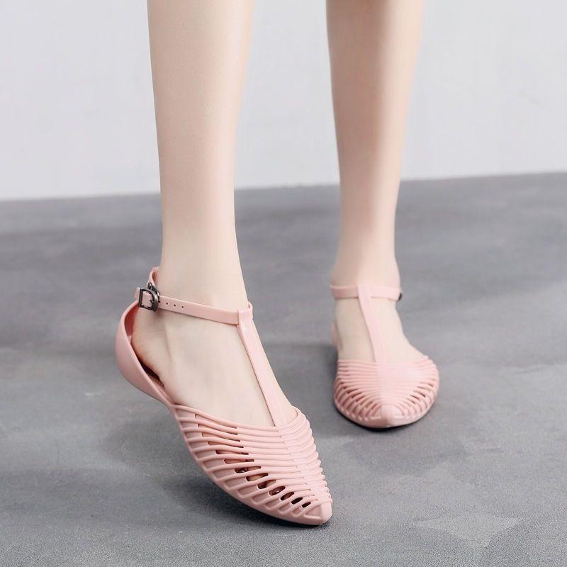 Summer Hollow Beach Shoes Rome Retro Flat Crystal Plastic Sandals Female Baotou Soft Jelly Shoes