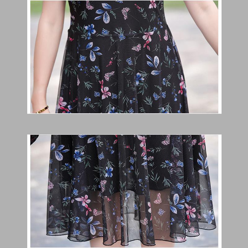 Summer Chiffon Mid-length Plus Size Printed Floral Over-the-knee Dress V-Neck Short Sleeve Elastic Waist