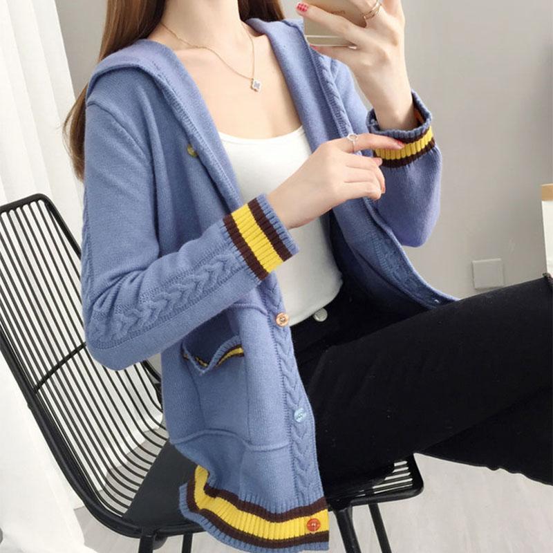 Spring and Autumn Knitted Cardigan Sweater Loose Hooded Large Size Top Short Color-blocking Women's Jacket