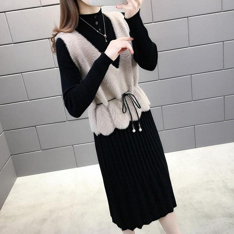 Women's Sweater Dress Set Autumn Waist Knit Mohair Vest and High Neck Slim Sweater Dress Two-piece Suit Ladies Outfits