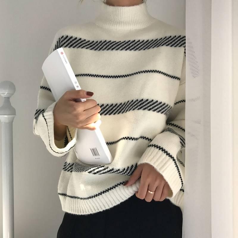 Pofulove Autumn Winter Pullover Striped Turtleneck Short Sweater Female Loose Long-sleeved Sweater