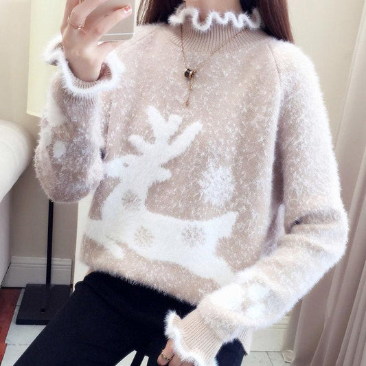 Pofulove Mink Fur Ruffles Cuffs Turtleneck Knitwear Skin-friendly Christmas Theme Pullover Sweater