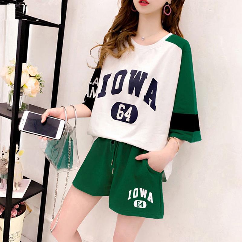 Two-piece Stitching Loose Large Size Fashion Sports Suit Women's Summer Sports Casual Short-sleeved Tops and Shorts