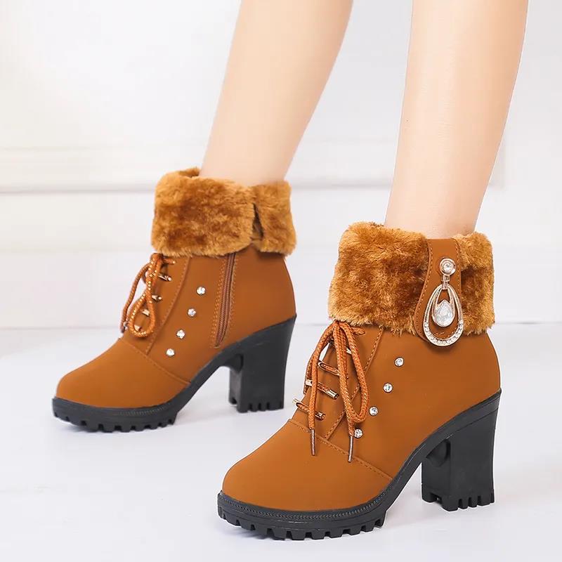 Autumn and Winter Martin Boots Women's British Style High-heeled Short Boots Thick Heel Side Zipper Plus Velvet Women's Boots