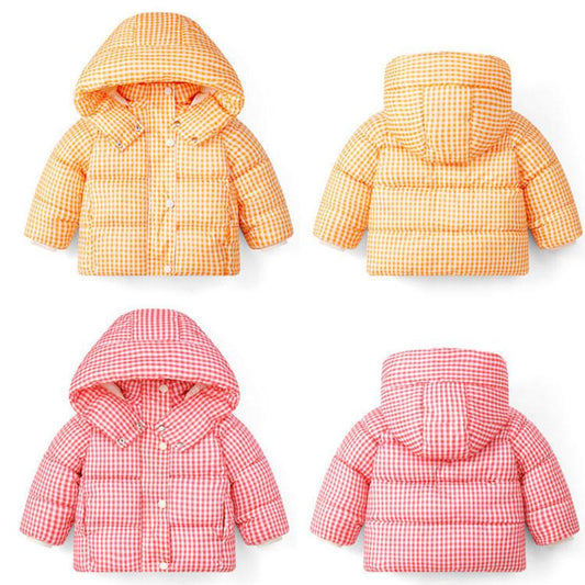 Children's Down Cotton-padded Jacket Winter Boys and Girls Plaid Cotton-padded Jacket Short Plush Jacket Hooded Cotton Jacket