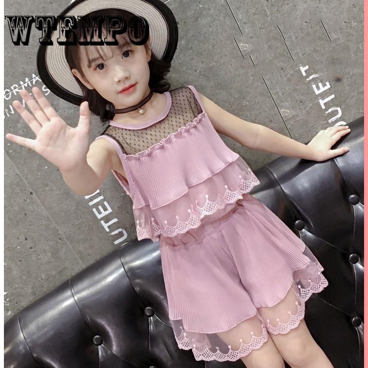 2PCS Kids Girl Clothing Short Sleeve Lace Tops + Short Pants Trousers Suit