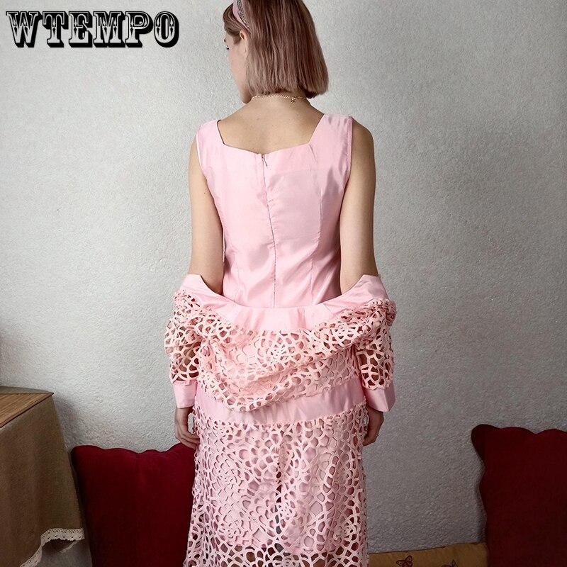 Women Summer Midi Dress Destroyed Hole Hollow Out Cardigan Pink Dresses Two Piece Sexy Sleeveless Plus Size Loose Female Dress