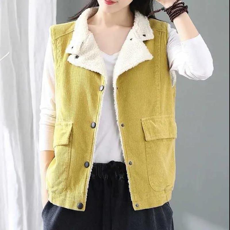 Retro Corduroy Vest Women's Plus Velvet Thick Lamb Fleece Sleeveless Autumn and Winter Suit Collar Jacket