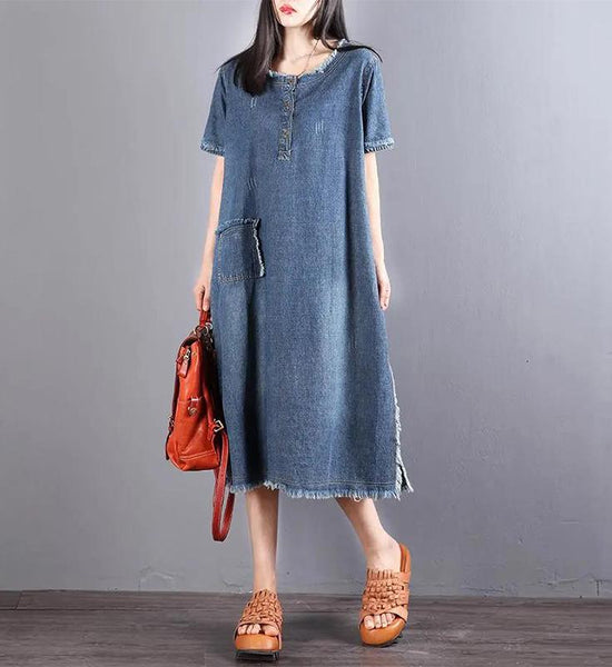 Denim Dress Short-sleeved Temperament Dress Summer Loose Mid-length Round Neck Plus Size Denim Skirt Women