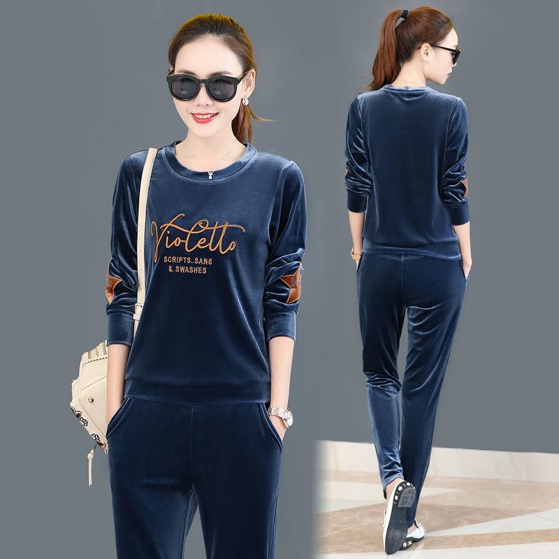 Women's 2pcs Set Wild Long-sleeved Casual Sweatshirt Set Large Size Spring and Autumn