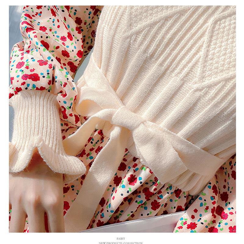 Autumn  Winter Corduroy Dress Women's Knitted Stitching Long-sleeved Long Floral Dress Sweet A-line Dress with Belt